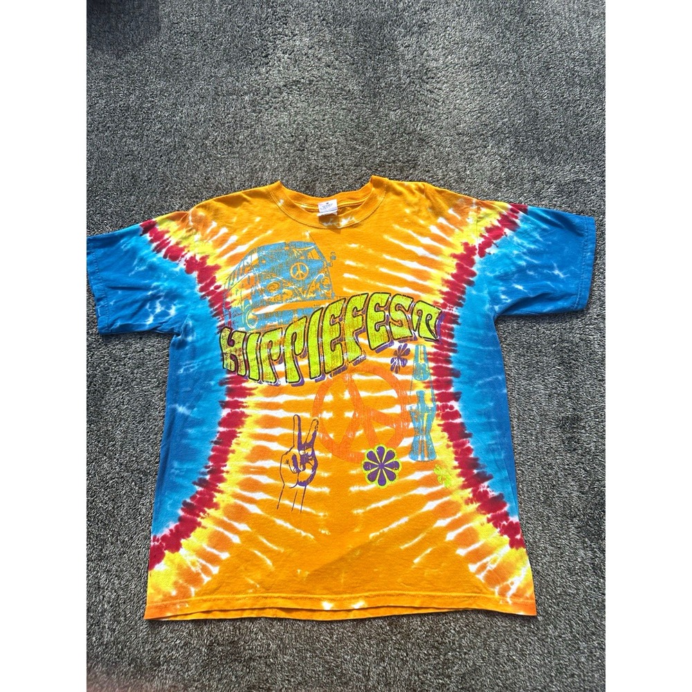 Anvil Hippie Fest Tie Dye T Shirt Men's Medium Peace VW Bus Y2K Graphic Tee
